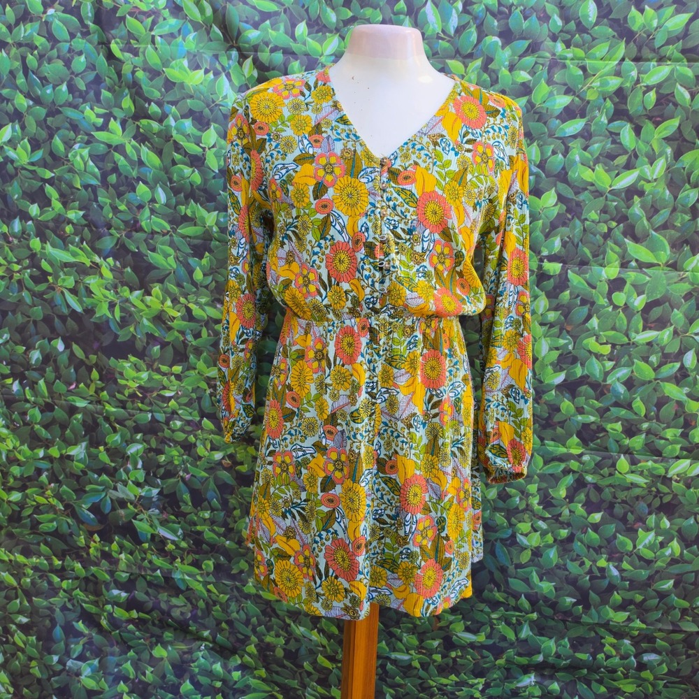 Sisstrevolution Yellow Floral V-Neck Mini Dress Long Sleeve Boho Small